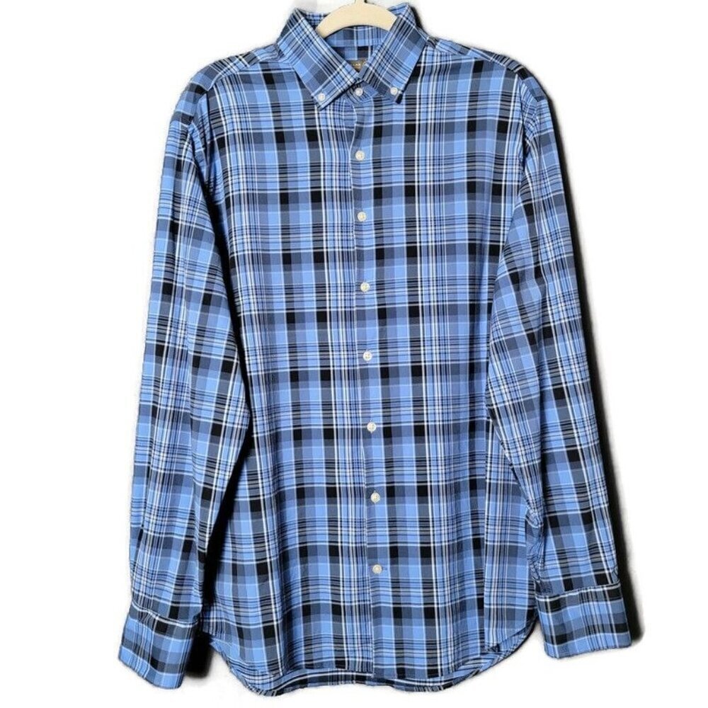 Peter Millar Men Blue Plaid Summer Comfort Long Sleeve Button Down Nylon Shirt L